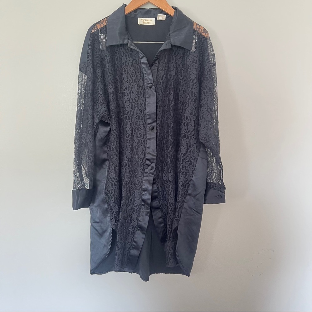 Vintage Victoria's Secret Black Lace Button Down Nightgown Dress Gold Label